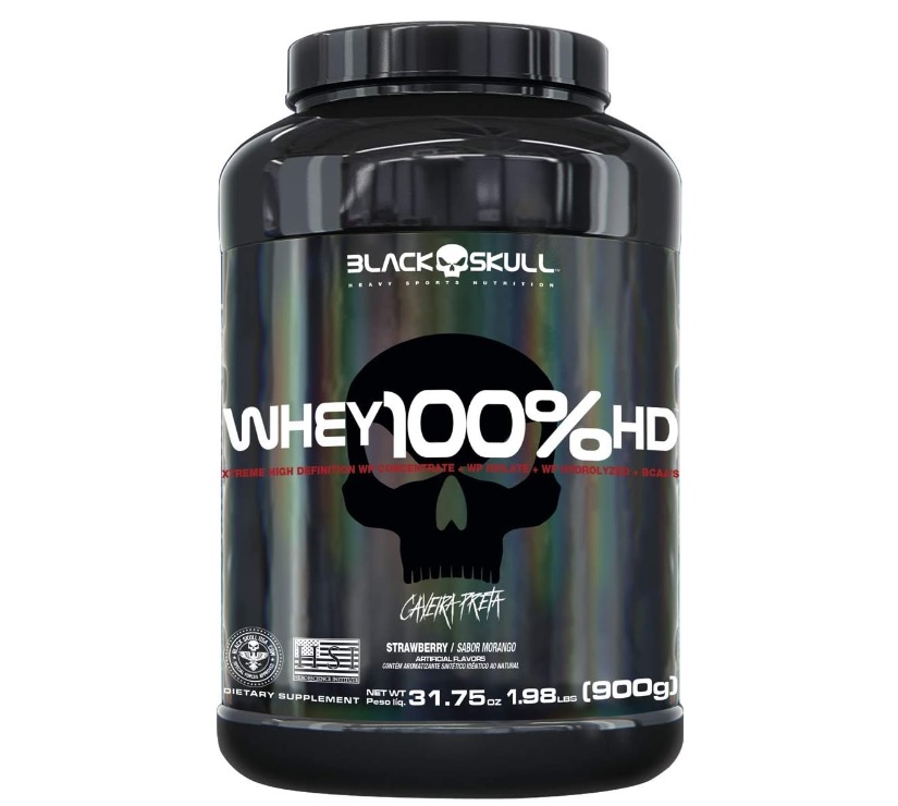 Whey 100% Hd Morango 900G, Black Skull