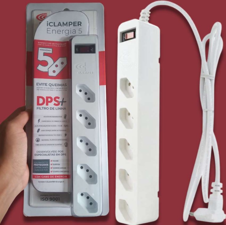 iClamper Energia 5 Tomadas – Filtro de Linha + DPS – Branco, Cabo 1M
