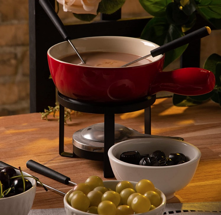 Aparelho de Fondue 8 Peças para Queijo de Ferro com Pintura Epoxy e Cerâmica Vermelho – Lyor