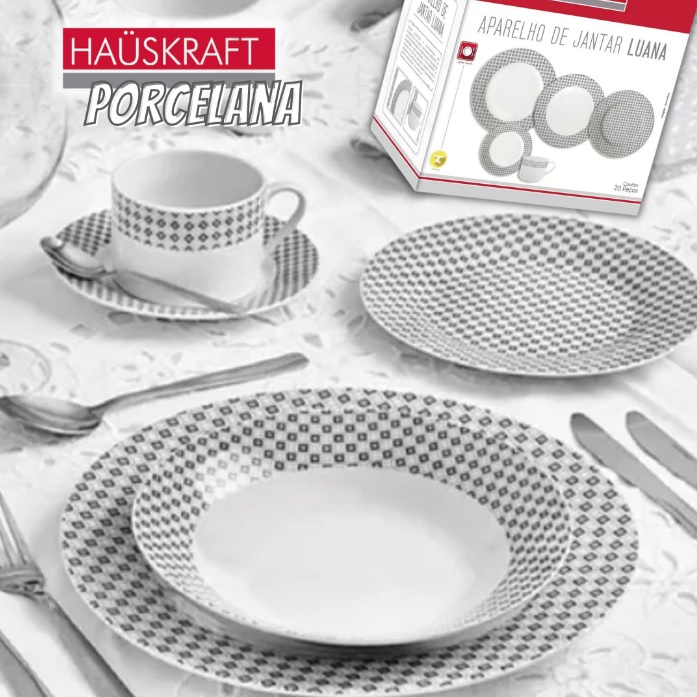 Aparelho de Jantar Chá 20 Peças Hauskraft – Porcelana Branco e Cinza Luana