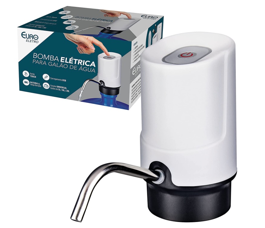 Bomba Elétrica Plus para Galão de Água, recarregável USB, Branca, BMB0679, Euro Home