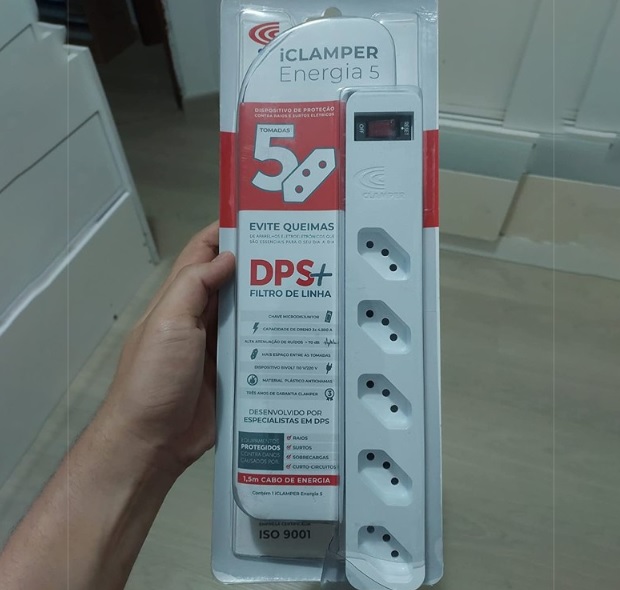 iClamper Energia 5 Tomadas – Filtro de Linha + DPS – Branco, Cabo 1M