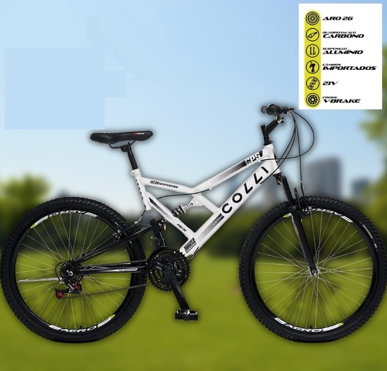 Colli Bike, Bicicleta GPS 148 Dupla Suspensão e Freios V-Brake, Aro 26 Aero, 36 Raias, 21 Marchas