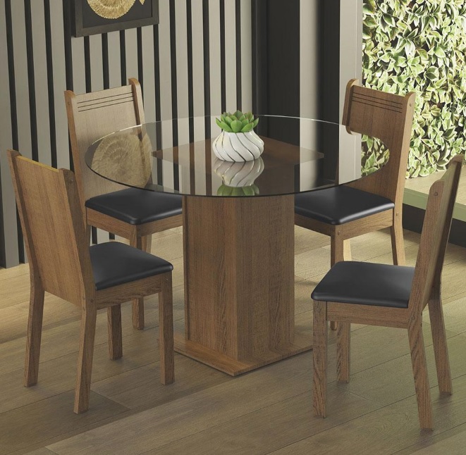 Conjunto Sala de Jantar Madesa Débora Mesa Tampo de Vidro Redondo 4 Cadeiras – Rustic/Preto
