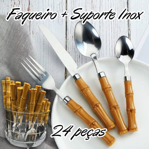 Conjunto Talheres Faqueiro Estilo Bambu 24 Pç + Suporte Inox