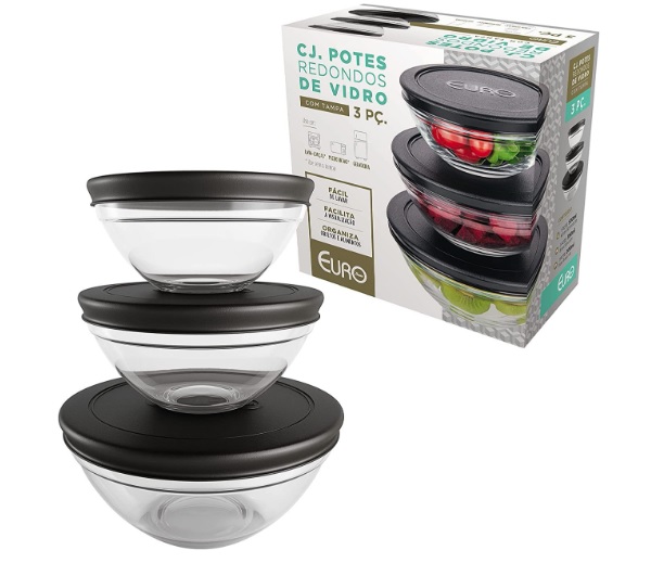 Conjunto com 3 Potes de Vidro Redondos com Tampa Plástica preta, VDR7093-PT, Euro Home