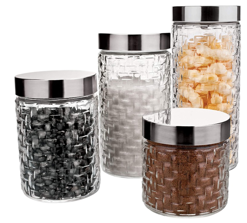 Conjunto com 4 potes de Vidro Mosaico Tampa Inox, VDR2089-4, Euro Home