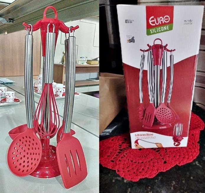 Conjunto de Gadgets de Silicone com Cabo Inox 7 Peças, Euro, SIL3390-VM, Vermelho