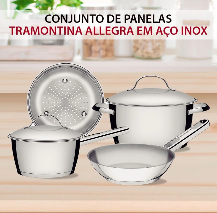 Conjunto de Panelas 4 Peças Tramontina Allegra em Aço Inox com Fundo Triplo e Tampas com Saída de Vapor