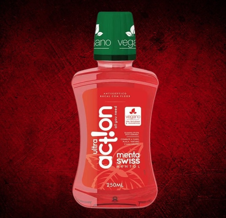 Enxaguante Bucal Menta Swiss, sem Triclosan, sem Parabeno, Previne Contra a Cárie, Hálito Saudavél, Produto Vegano, Ultra Action, 250 Ml