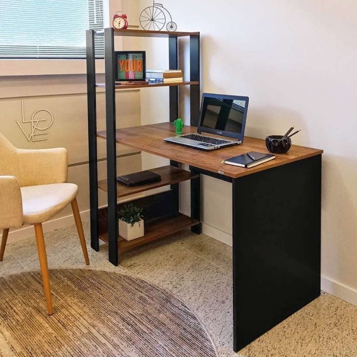 Escrivaninha com Estante Lateral MATCH cor Preto/Pinho – Artely