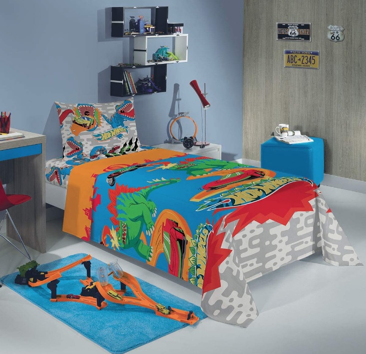 Jogo de Cama Microfibra de Poliéster Solteiro Estampado Hot Wheels 1,40 m x 2,20 m Com 2 peças