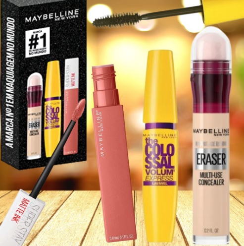 Kit Queridinhos Maybelline NY Batom Líquido Matte ink 65 Seductress + Máscara de Cílios Colossal Lavável + Corretivo Eraser 120 Light