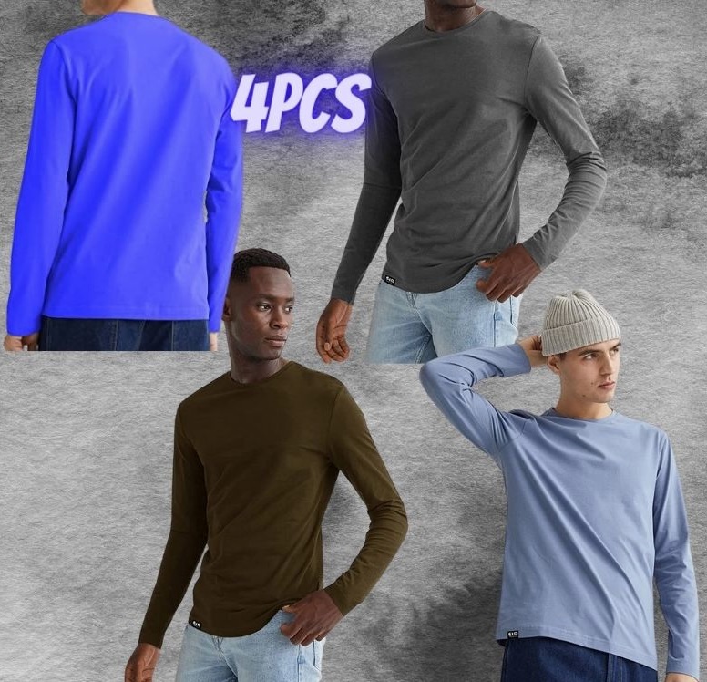 Kit com 4 Camisetas Masculinas Básicas Manga Longa Slim Fitness
