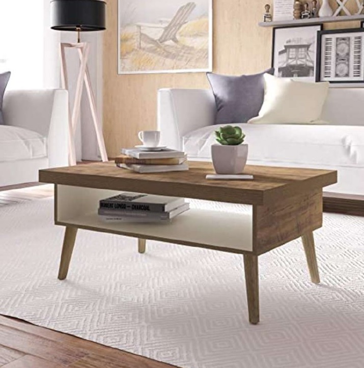 Mesa de Centro com pés maciços e tampo em Tamburato 50mm LUCCA cor Pinho com Off White – Artely