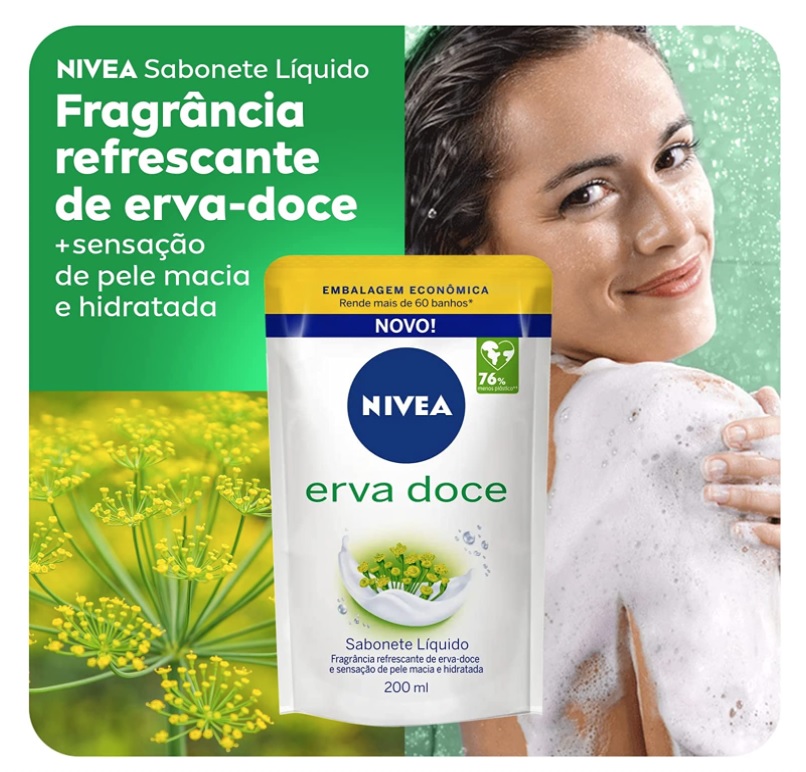 NIVEA Sabonete Líquido Refil Erva Doce 200ml , Fragrância refrescante de erva-doce, sensação de pele macia e hidratada