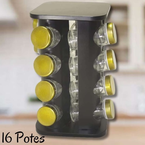 Porta Condimentos Temperos Giratório Inox 16 Potes (Preto com Dourado)