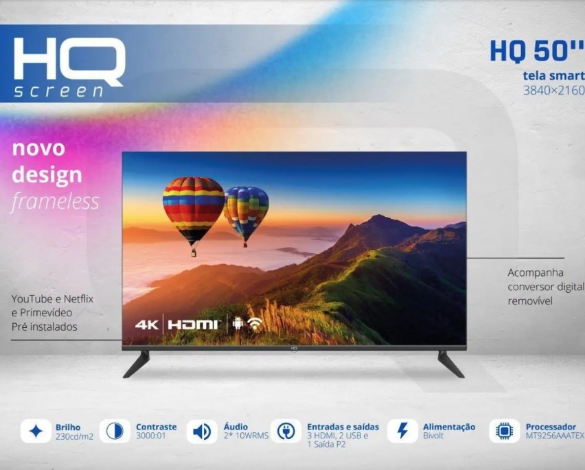 Smart TV 50″ HQ 4K Conversor Digital Externo 3 HDMI 2 USB WI-FI Android 11 e Design Slim