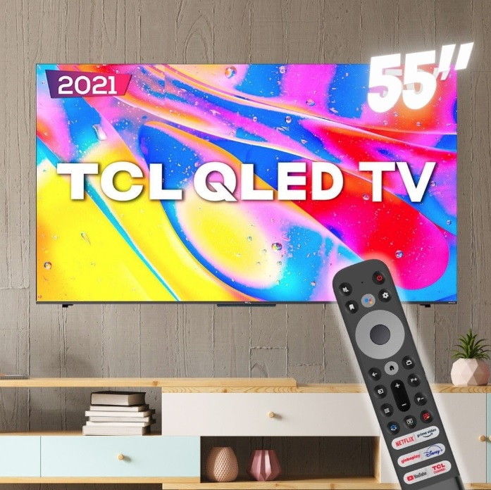 Smart TV QLED 55″ 4K TCL Google TV 55C725 UHD, Dolby Vision Atmos, HDR10+, Dual Band, Comando de voz à distância, Google Assistant e Design Sem Bordas