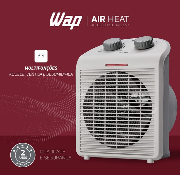 WAP AIR HEAT Aquecedor de Ambientes Elétrico Portátil 1500W 3 em 1 Com Ventilador e Triplo Sistema de Segurança 127V