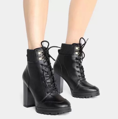 Bota Coturno Cano Curto Vizzano knit Salto Alto Grosso Feminina