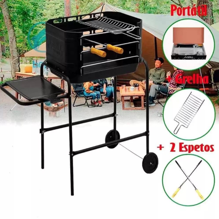 Churrasqueira Portátil Móvel Pro Tork Grill Machine Com Grelha + Espetos – Com Rodinhas