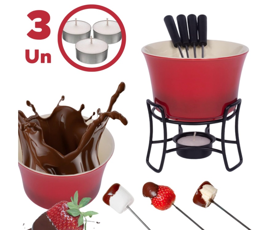 Conjunto Fondue Em Cerâmica Redondo 9 Peças 300ml Chocolate Queijo – 3 Velas