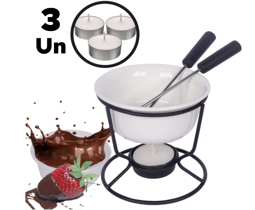 Conjunto Fondue Em Cerâmica Redondo 7 Peças 140ml Chocolate Queijo – 3 Velas