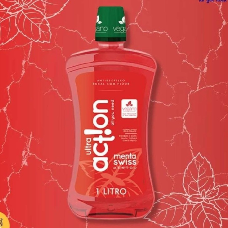 Enxaguante Bucal Menta Swiss, sem Triclosan, sem Parabeno, Previne Contra a Cárie, Hálito Saudavél, Produto Vegano, Ultra Action, 1 L