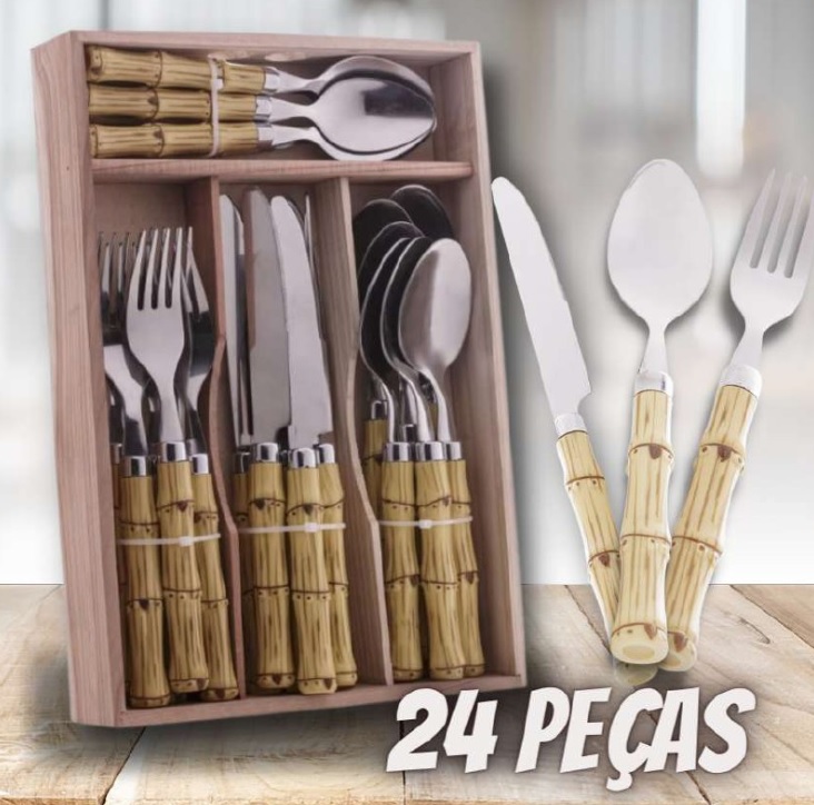 Faqueiro 24 Peças de Aço Inox com Cabo de Plástico e Estojo Bambu – Lyor