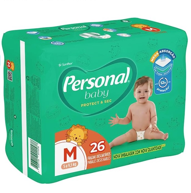 Fralda Personal Baby Protect e Sec M Jumbo, 1 pacote de 26
