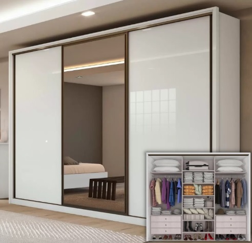 Guarda-roupa Casal com Espelho 3 Portas – de Correr 6 Gavetas Lopas Spazio Glass