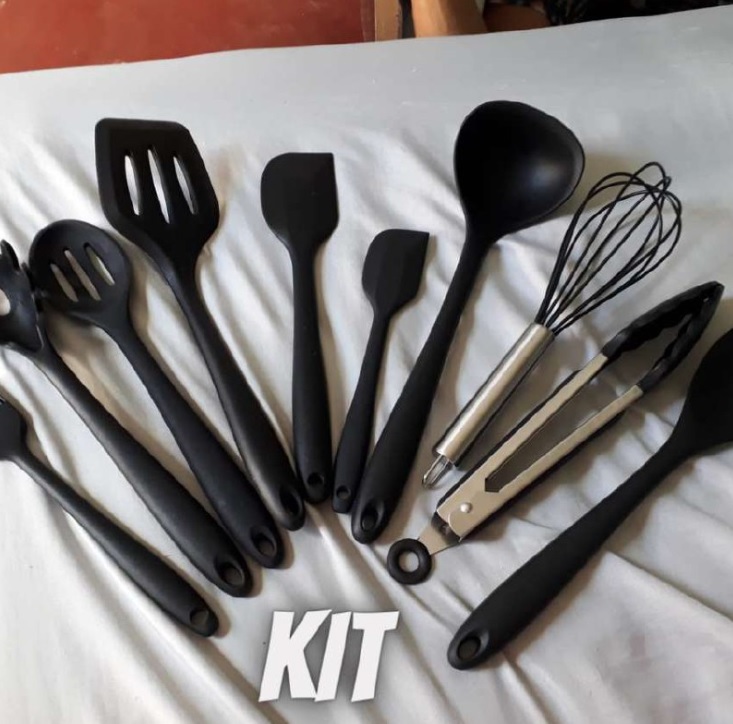 JG STORE Kit 10 Peças Jogo De Utensílios De Silicone Maciço Cozinha Inox Pegador Espátula Colher Concha Pincel (Preto)