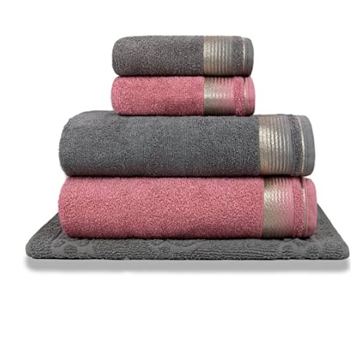 Jogo De Toalhas Banhão 5 Peças Berlim 100% Algodão Rosa Crochê + Gris