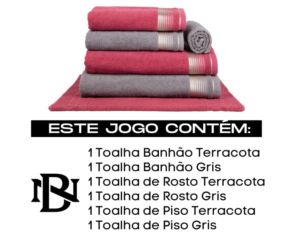 Jogo De Toalhas Gigante Super Absorção – 6 Peças Berlim 100% Algodão (Terracota + Gris)