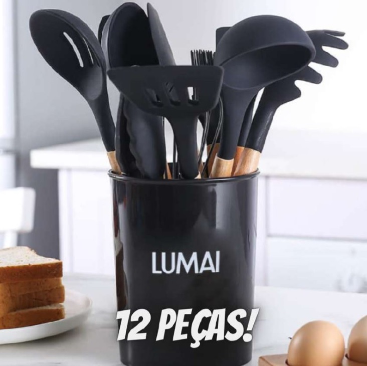 Kit 12 Utensílios De Cozinha Em Silicone E Cabo De Madeira LUMAI Cor:Preto