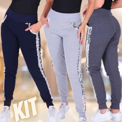 Kit 3 Calças Moletom Femininas Algodão com Bolsos Sport