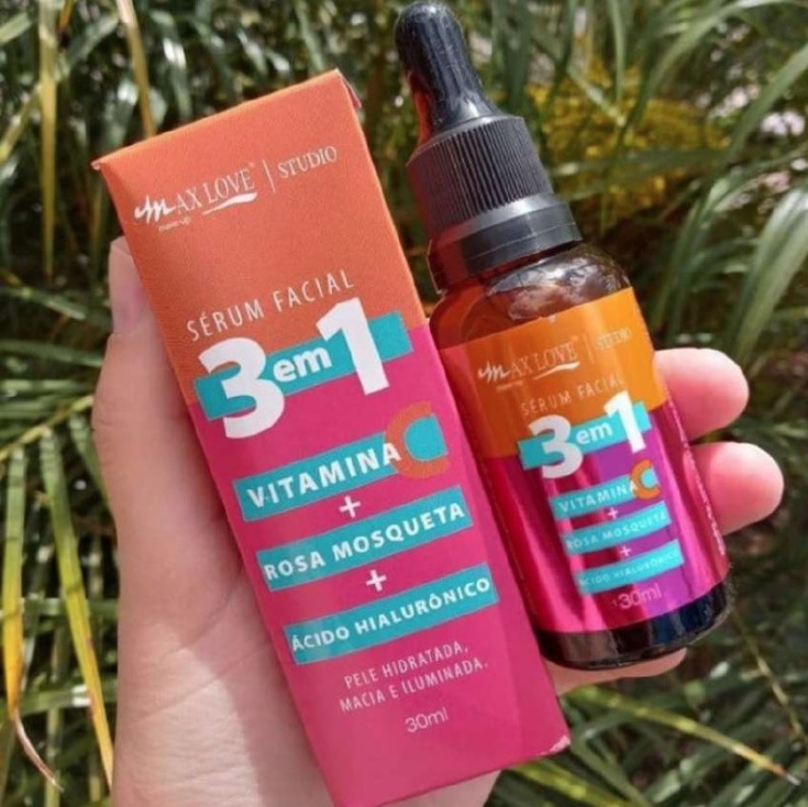 Max Love Serum Facial 3 em 1 Vitamina + C Rosa Mosqueta + Ácido Hialurônico – Pele Hidratada, Macia e Iluminada 30ml
