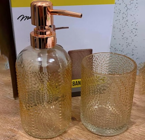 Mimo Style Conjunto de Banheiro Acqua, Amarela. Conjunto de Porta Sabonete Líquido (400ml) e Porta Escova, Kit Funcional, Material Vidro, Detalhes em Alto Relevo