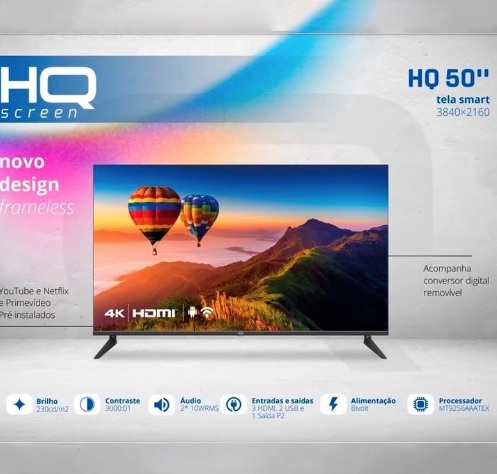 Smart TV 50″ HQ 4K Conversor Digital Externo 3 HDMI 2 USB WI-FI Android 11 e Design Slim