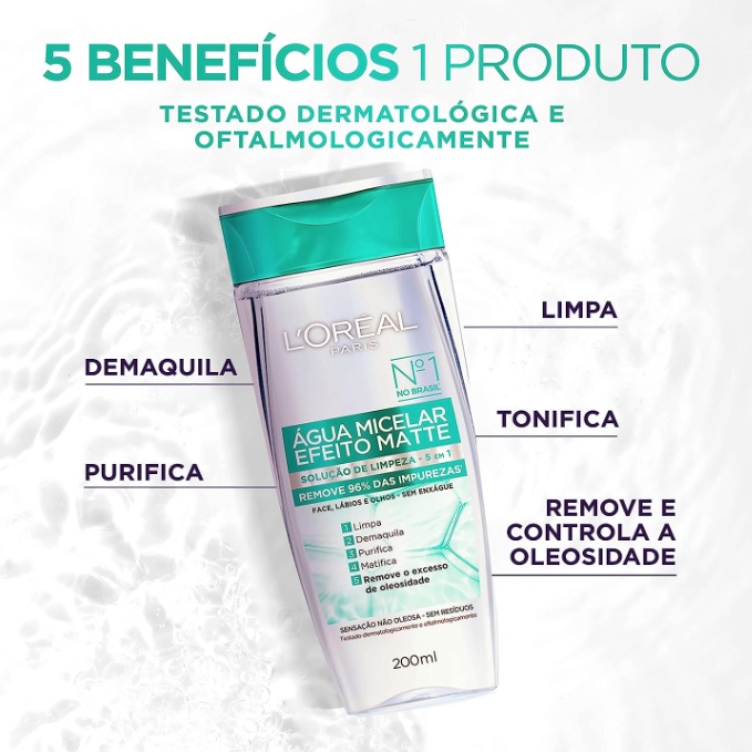 Água Micelar Efeito Matte L’Oréal Paris Solução de Limpeza Facial, 200ml
