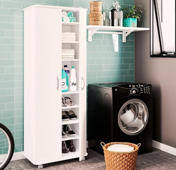 Armário Multiuso Limeira Alto 2 Portas 8 Prateleiras Branco Politorno