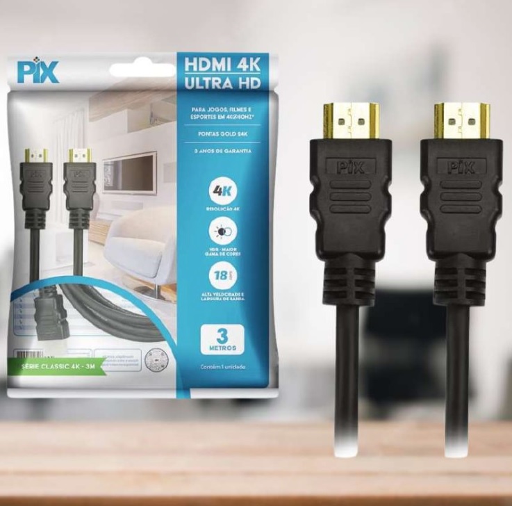 Cabo Hdmi 2.0 4K Hdr 19P 3M Pix Gold, Preto
