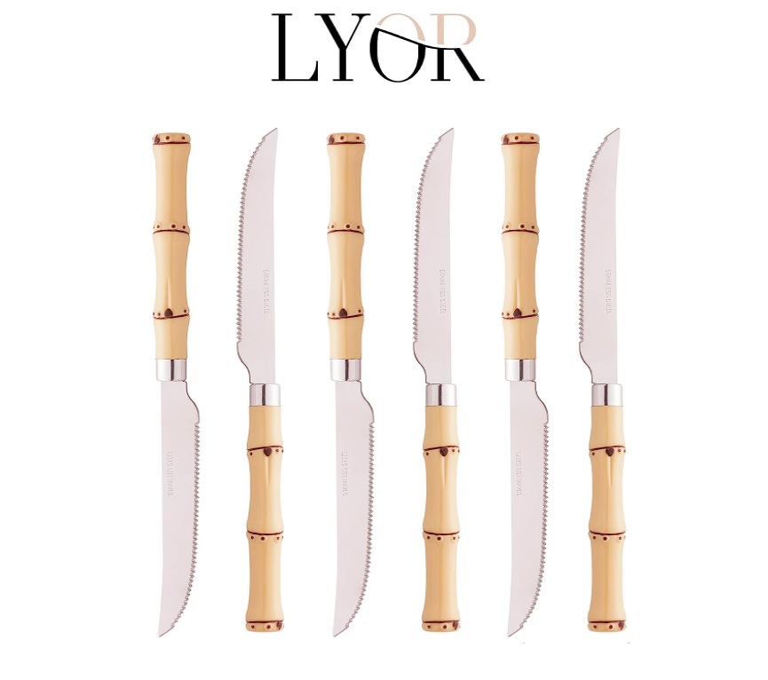 Conjunto 6 Facas de Churrasco de Aço Inox com Cabo de Plástico Bambu Natural 22cm – Lyor