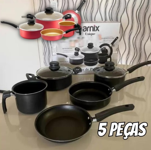 Conjunto De Panelas Teflon Preto 5 Peças (2 CORES)