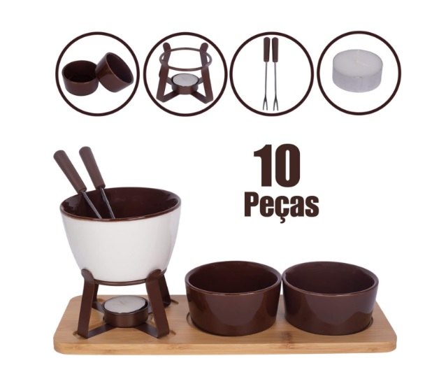 Conjunto Fondue em Cerâmica Redondo 10 Peças Com Base em Bambu 300ml