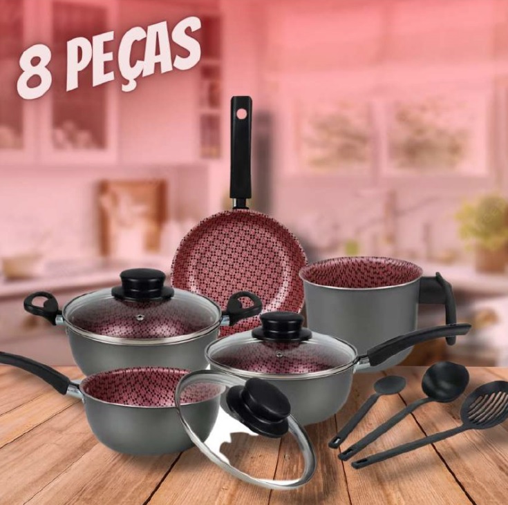 Conjunto Panelas Elegan Prime 8 Peças Grafite com Rosa – Dona Chefa