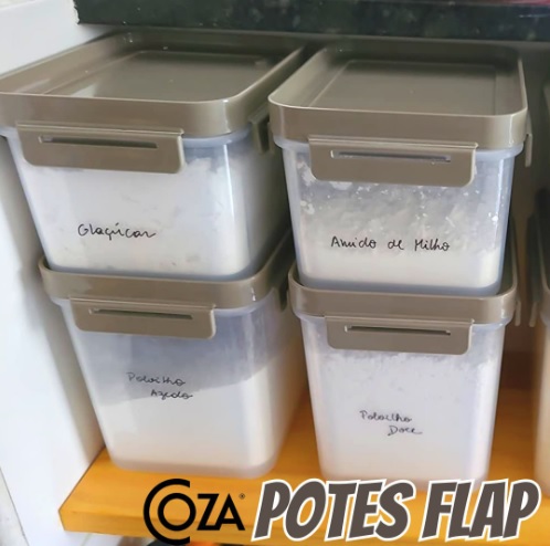 Conjunto Potes Flap, 4 Peças, Warm Gray, Coza (2 Potes Herméticos Flap 600ml e 2 Potes Herméticos Flap 1,5L)