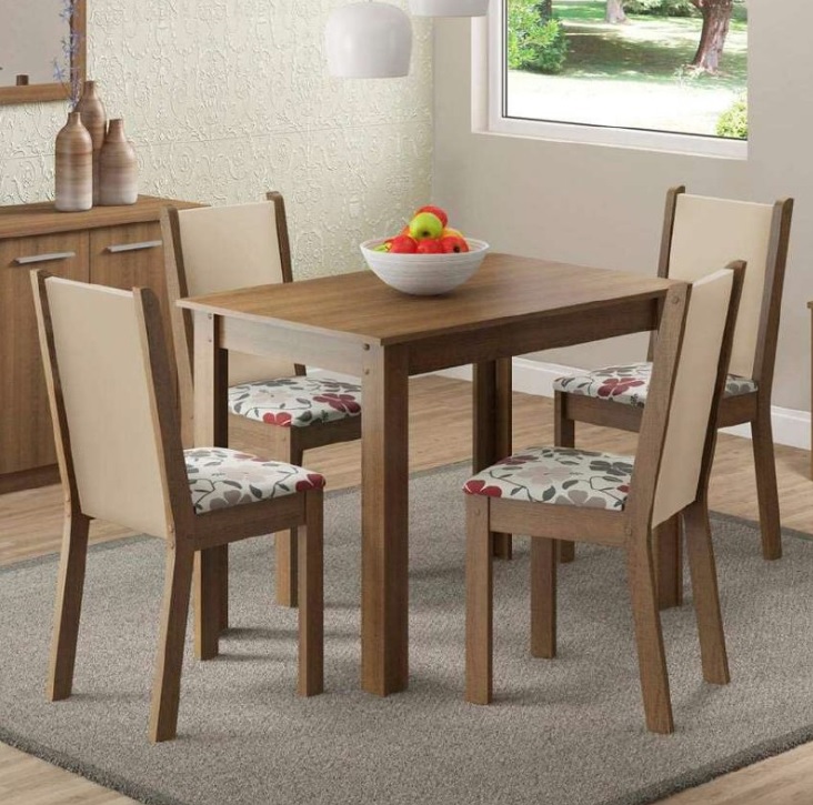 Conjunto Sala de Jantar Cíntia Madesa Mesa Tampo de Madeira com 4 Cadeiras – Rustic/Crema/Hibiscos