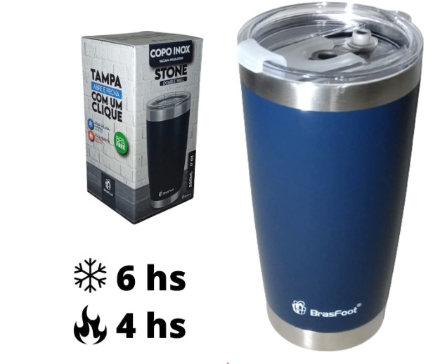 Copo Térmico, Stone, BrasFoot, Azul Escuro, 500 ml, Com Tampa